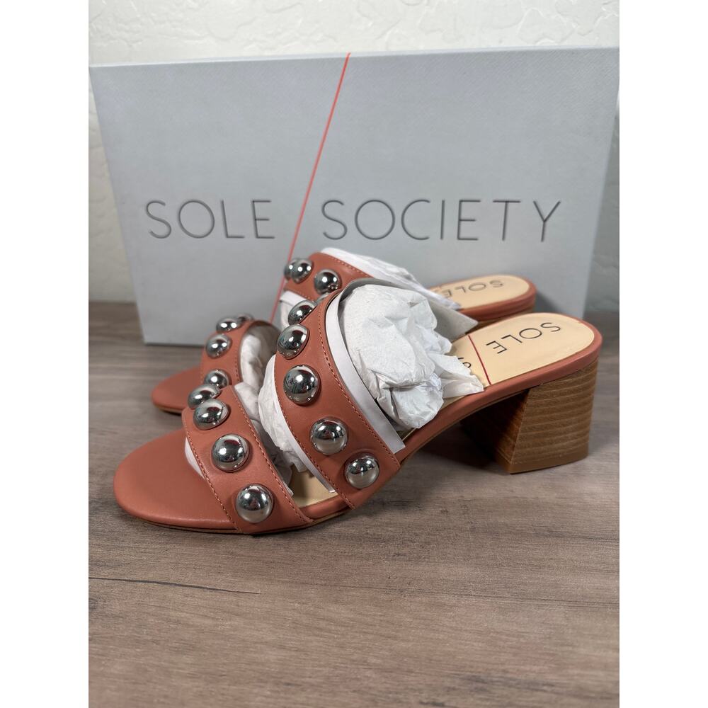 Sole Society Suede Studded Heeled Sandals Sasandrah Spanish Tile Butter Napa Tan
